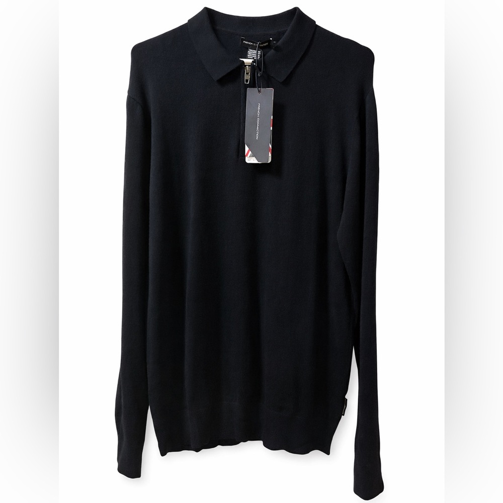 French Connection Mens Black Collared Zip Knit Sweater NWT Long Sleeve Minimal